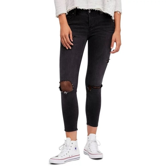 Free People Denim - Free People black distressed fishnet jeans